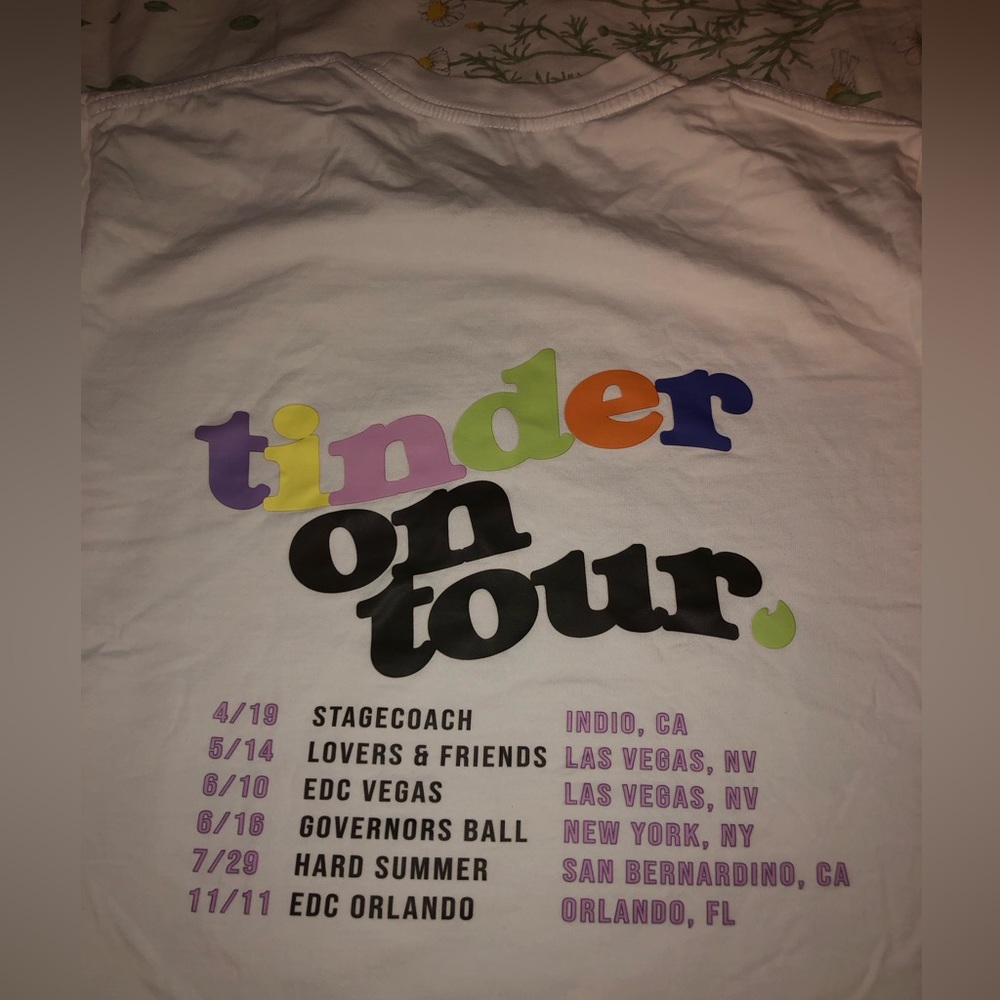 white Tinder shirt, size medium